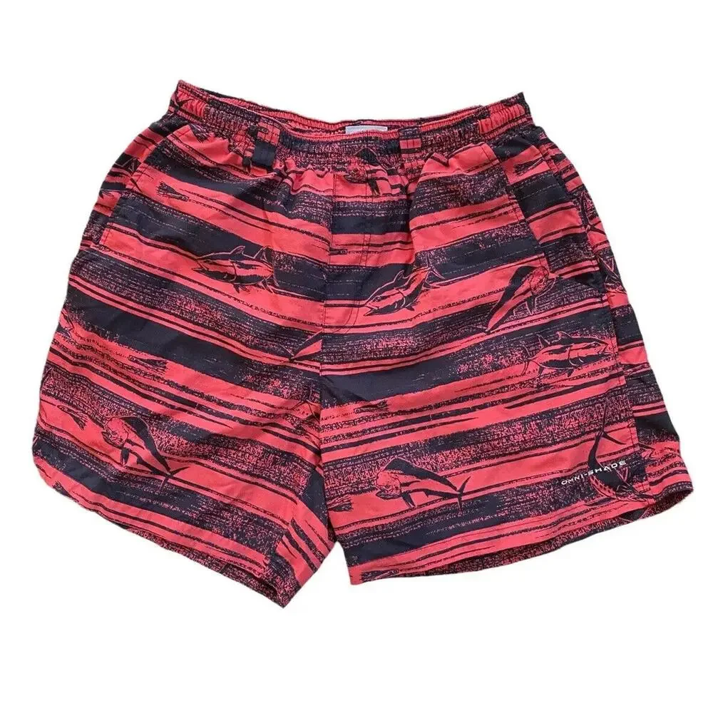 Columbia PFG Backcast II Swim Trunks Men M Red Blue Striped Shorts Nylon Fishing